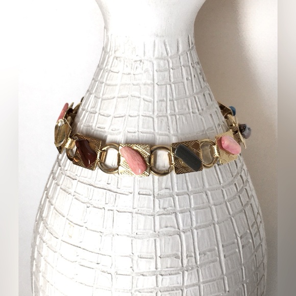 Vintage Natural Tumbled Semi-Precious Gemstone Gold Tone Metal Link Bracelet - Picture 4 of 6